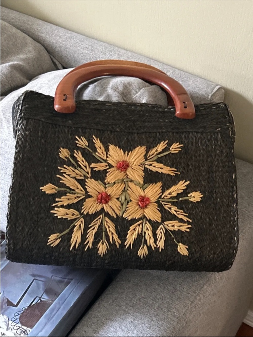Woven Black Floral Embroidered Top-Handle Bag